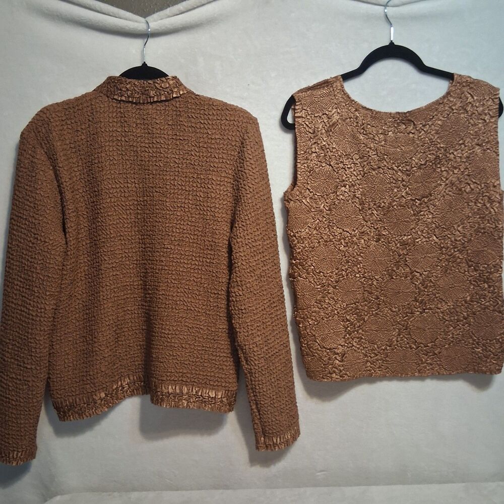 Dressbarn L Twin Set Button Front Top & Shell Textured Sequin Brown Stretch Glam - Picture 8 of 9